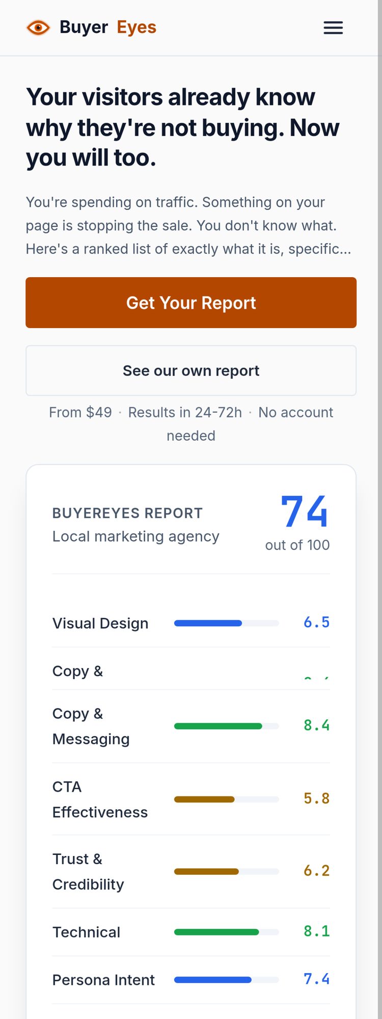 buyereyes.ai homepage after audit remediation, showing trust improvements