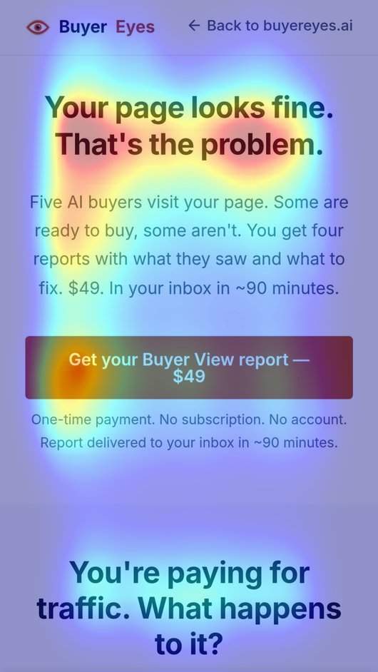 Saliency heatmap from a Buyer View report - warm colors show where AI-predicted attention concentrates on the headline and CTA button
